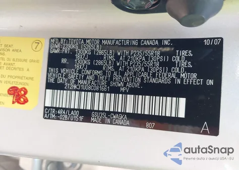 2008 Lexus Rx 350 z USA, uszkodzony, nr VIN 2T2HK31U08C081661